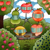 a ferris wheel in the middle of an apple orchard